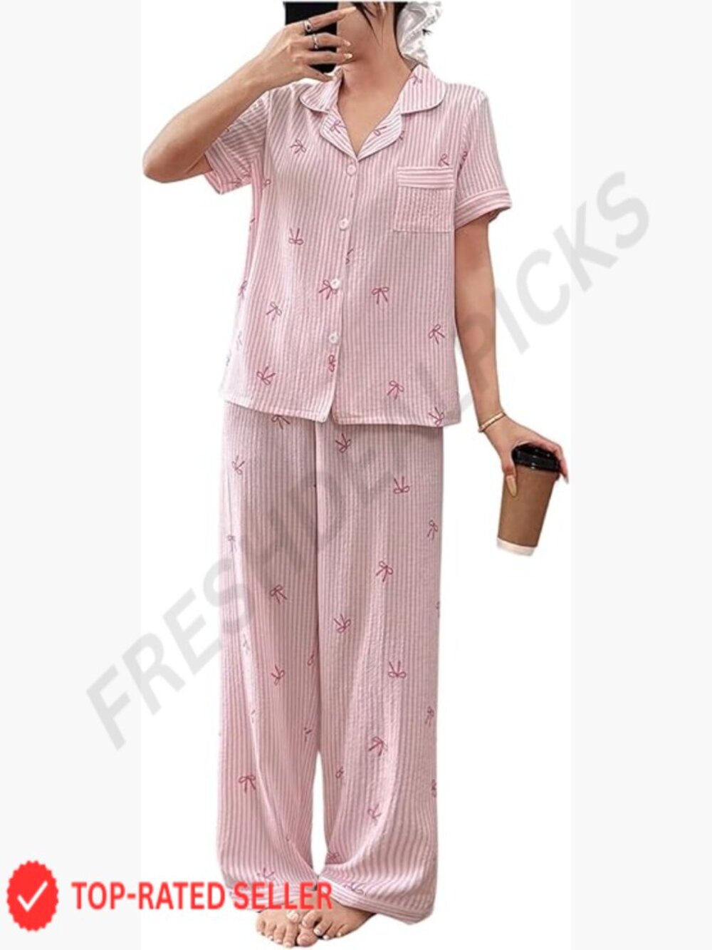 Striped Pajama Set Bow Print Short Sleeve Button Down Shirt Pants Cute